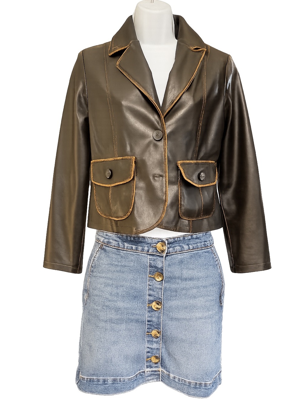 RVT Brown Faux Leather Jacket with Distressed Trim Y2K
